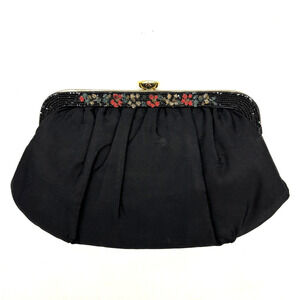 Vintage Garay Black Satin Floral Seed Bead Frame Hinge Clasp Clutch Evening Bag